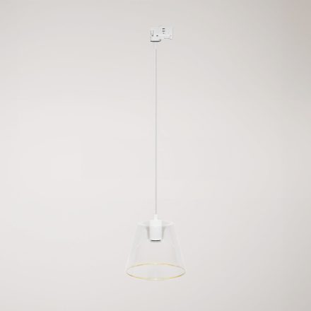 Suspended lamp with transparent conical Ghost bulb on rail