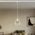 Suspended lamp with transparent conical Ghost bulb on rail