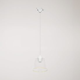 Suspended lamp with transparent conical Ghost bulb on rail
