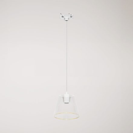 Suspended lamp with transparent conical Ghost bulb on rail