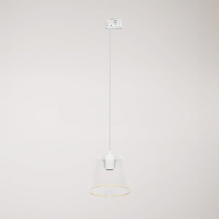 Suspended lamp with transparent conical Ghost bulb on rail