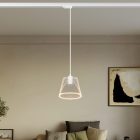 Suspended lamp with transparent conical Ghost bulb on rail