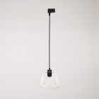 Suspended lamp with transparent conical Ghost bulb on rail