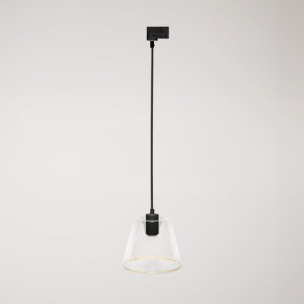 Suspended lamp with transparent conical Ghost bulb on rail