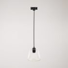 Suspended lamp with transparent conical Ghost bulb on rail