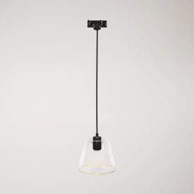 Suspended lamp with transparent conical Ghost bulb on rail