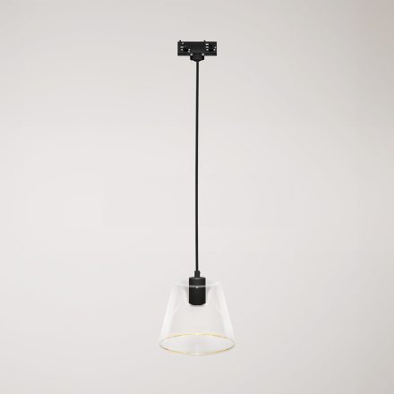 Suspended lamp with transparent conical Ghost bulb on rail