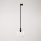 Suspended lamp with transparent conical Ghost bulb on rail