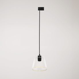 Suspended lamp with transparent conical Ghost bulb on rail
