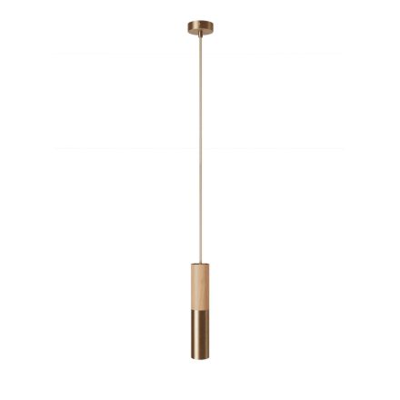 Suspended lamp with textile cable and double Tub-E14 wooden and metal shade - Made in Italy