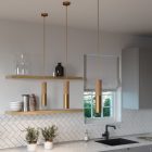 Suspended lamp with textile cable and double Tub-E14 wooden and metal shade - Made in Italy