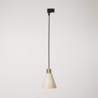 Track-mounted pendant lamp with conical wooden shade