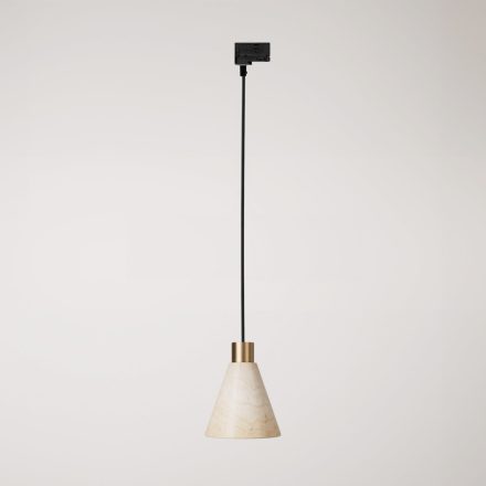 Track-mounted pendant lamp with conical wooden shade