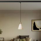 Track-mounted pendant lamp with conical wooden shade