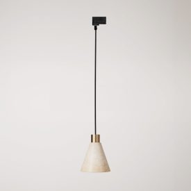 Track-mounted pendant lamp with conical wooden shade