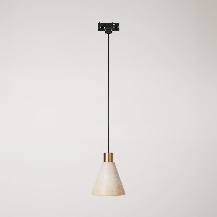 Track-mounted pendant lamp with conical wooden shade