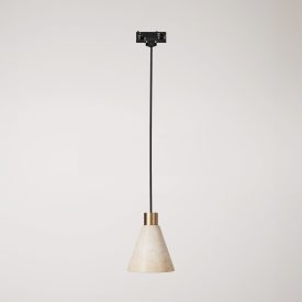 Track-mounted pendant lamp with conical wooden shade