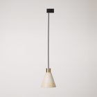 Track-mounted pendant lamp with conical wooden shade