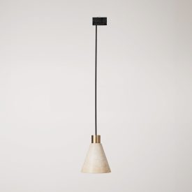 Track-mounted pendant lamp with conical wooden shade