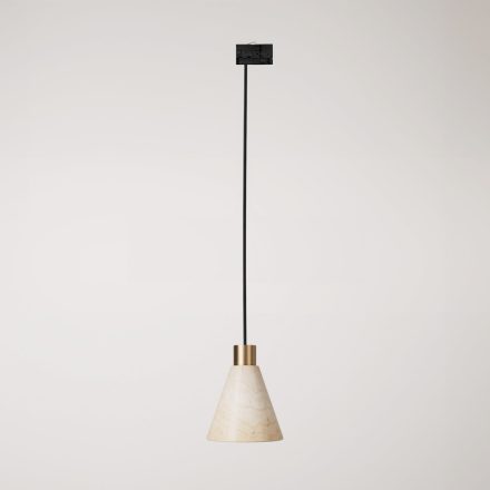 Track-mounted pendant lamp with conical wooden shade