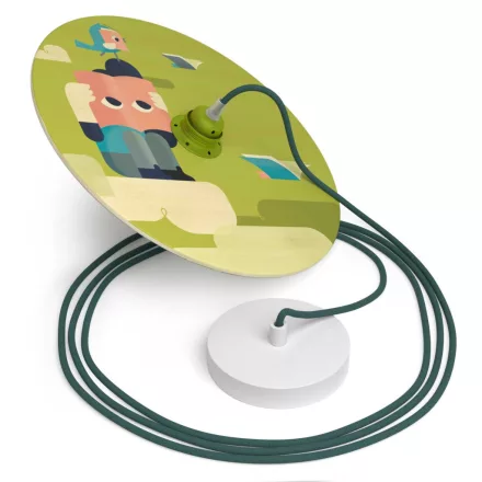 Suspended lamp with textile cable, UFO double-sided wooden lampshade and metal details - Made in Italy - Bulb included