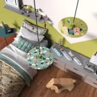 Suspended lamp with textile cable, UFO double-sided wooden lampshade and metal details - Made in Italy - Bulb included