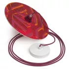 Suspended lamp with textile cable, UFO double-sided wooden lampshade and metal details - Made in Italy - Bulb included