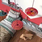 Suspended lamp with textile cable, UFO double-sided wooden lampshade and metal details - Made in Italy - Bulb included