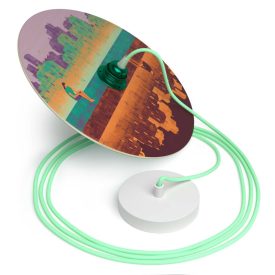   Suspended lamp with textile cable, UFO double-sided wooden lampshade and metal details - Made in Italy - Bulb included