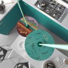 Suspended lamp with textile cable, UFO double-sided wooden lampshade and metal details - Made in Italy - Bulb included