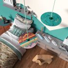 Suspended lamp with textile cable, UFO double-sided wooden lampshade and metal details - Made in Italy - Bulb included