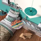 Suspended lamp with textile cable, UFO double-sided wooden lampshade and metal details - Made in Italy - Bulb included