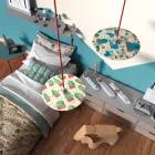 Suspended lamp with textile cable, UFO double-sided wooden lampshade and metal details - Made in Italy - Bulb included