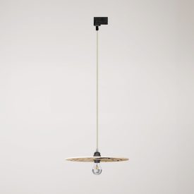 Rail-mounted pendant lamp UFO with double-sided wooden shade