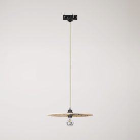 Rail-mounted pendant lamp UFO with double-sided wooden shade