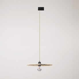 Rail-mounted pendant lamp UFO with double-sided wooden shade