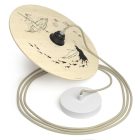 Suspended lamp with textile cable, UFO double-sided wooden lampshade and metal details - Made in Italy - Bulb included