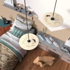 Suspended lamp with textile cable, UFO double-sided wooden lampshade and metal details - Made in Italy - Bulb included