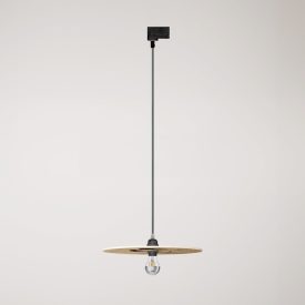Rail-mounted pendant lamp UFO with double-sided wooden shade