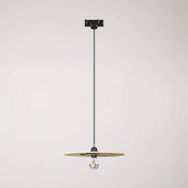 Rail-mounted pendant lamp UFO with double-sided wooden shade