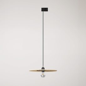 Rail-mounted pendant lamp UFO with double-sided wooden shade