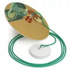 Suspended lamp with textile cable, UFO double-sided wooden lampshade and metal details - Made in Italy - Bulb included