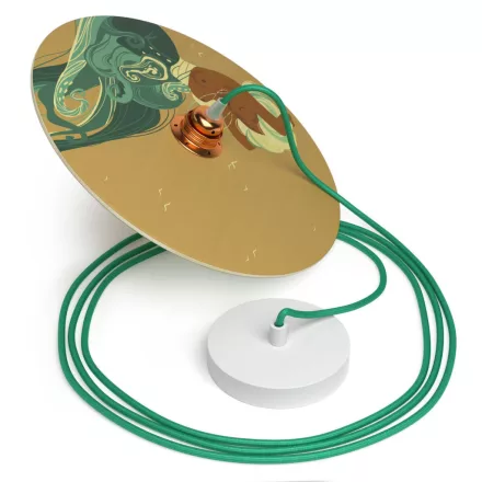 Suspended lamp with textile cable, UFO double-sided wooden lampshade and metal details - Made in Italy - Bulb included