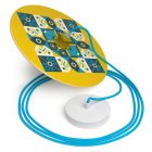 Suspended lamp with textile cable, UFO double-sided wooden lampshade and metal details - Made in Italy - Bulb included