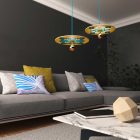 Suspended lamp with textile cable, UFO double-sided wooden lampshade and metal details - Made in Italy - Bulb included