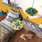 Suspended lamp with textile cable, UFO double-sided wooden lampshade and metal details - Made in Italy - Bulb included