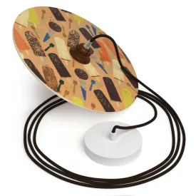   Suspended lamp with textile cable, UFO double-sided wooden lampshade and metal details - Made in Italy - Bulb included