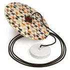 Suspended lamp with textile cable, UFO double-sided wooden lampshade and metal details - Made in Italy - Bulb included