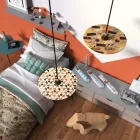 Suspended lamp with textile cable, UFO double-sided wooden lampshade and metal details - Made in Italy - Bulb included