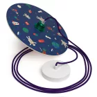 Suspended lamp with textile cable, UFO double-sided wooden lampshade and metal details - Made in Italy - Bulb included